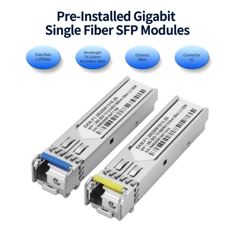 A Pair of 1.25G BiDi Fiber Ethernet Media Converter, PoE Powered | 2PCS BiDi SFP LC Transceiver Modules Included, SFP to RJ45, Single Mode Fiber, Plug & Play, Up to 20km for CCTV and Network