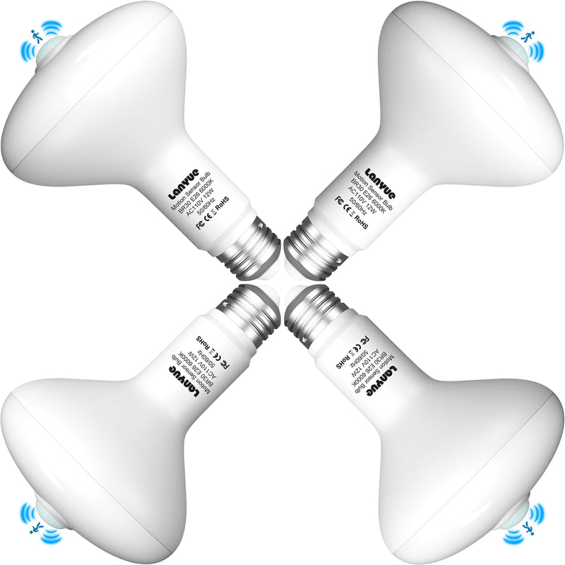 [AUSTRALIA] - Motion Sensor Light Bulbs, Dusk to Dawn Motion Activated Security Lights, 12W BR30 Motion Detector Led Bulb, 100 Watt Equivalent, E26 6000K Daylight, Suitable for Indoor/Outdoor, (4 Pack) LY-BR30H001 