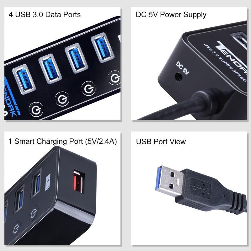USB 3.0 Hub, Tendak USB Hub with 4 USB 3.0 Data Ports + 1 USB Smart Charging Port and Power Supply Adapter with Individual On/Off Port Switches for PS4 Pro PS4 Slim Xbox One