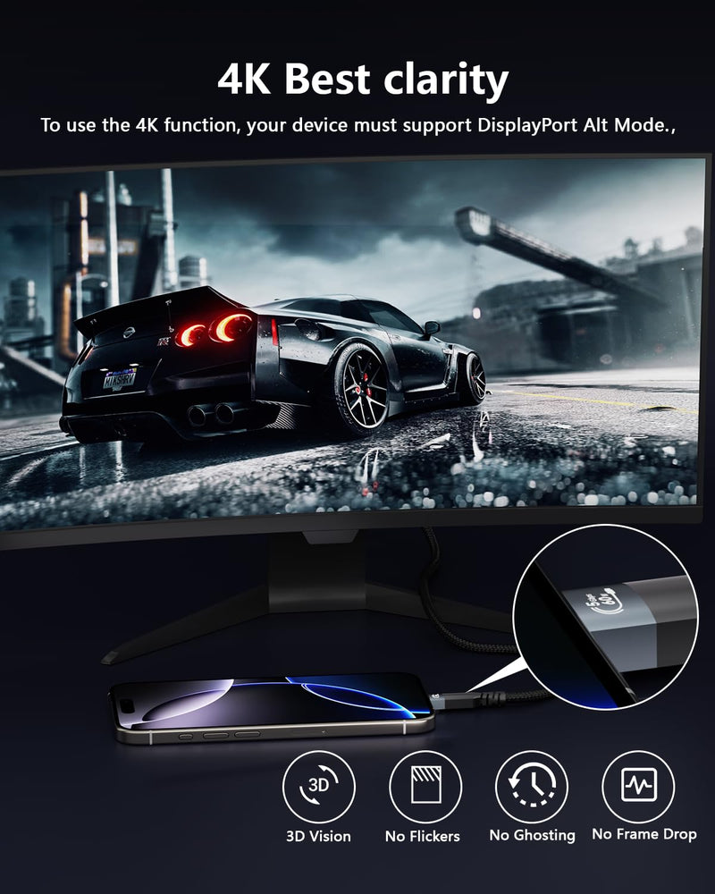 33ft Long USBC Cable,5Gbps Data Transfer,60W Fast Charging,4K@60Hz Video Output,Black Nylon Braided USB C Cable with Gold-Plated Connectors,Compatible with Laptop,Monitor, Docking Station, 10