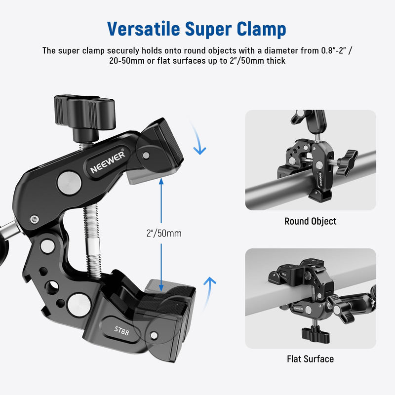 Neewer Super Clamp with 3" Dual Ballhead Magic Arm, Camera Phone Clamp Mount with 1/4" 3/8" Threads, Phone Holder Action Camera Adapter Compatible with GoPro DJI iPhone 16 15 Pro Max Plus, ST88