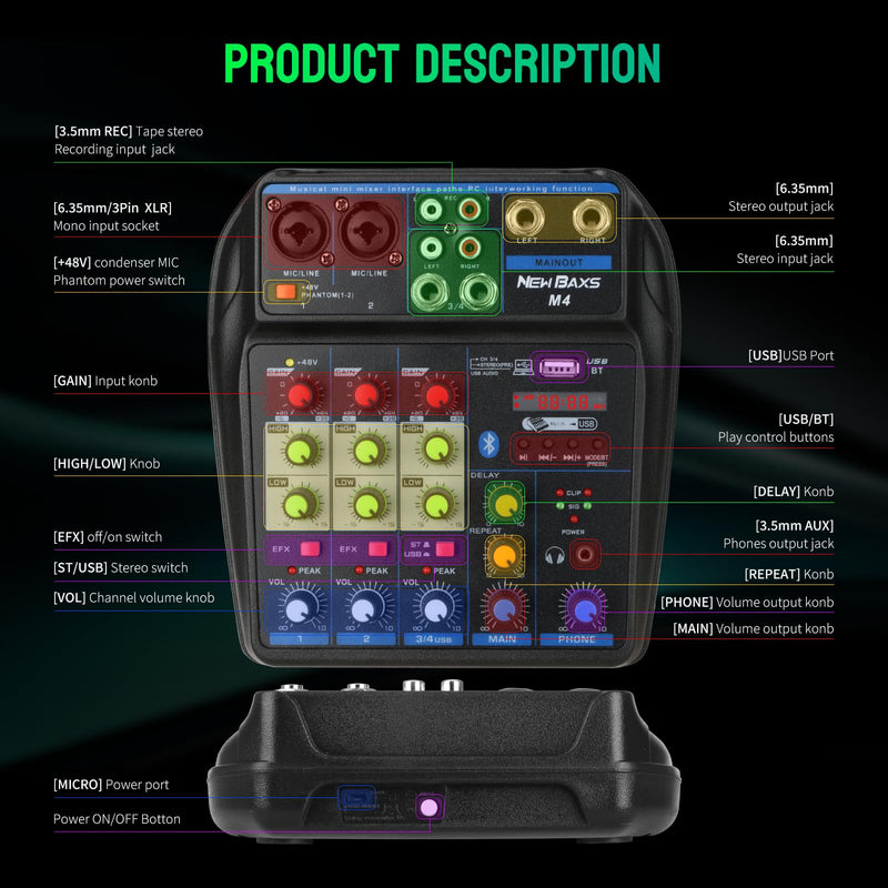 DJ Audio Mixer, DJ Mixers 4 Channel Sound Board with Bluetooth, NEW BAXS Sound Mixer Board XRL/1/4" Interface, USB/MP3 Computer Input 48V Phantom Power Stereo DJ Studio Streaming KTV Stage