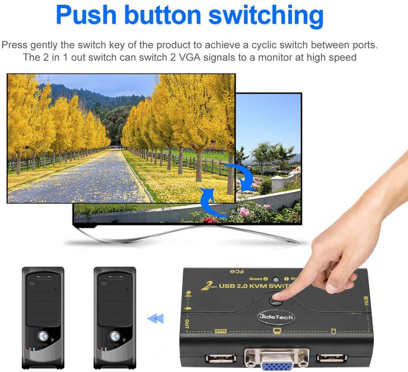 2 Port USB 2.0 VGA KVM Switch Up to 2048x1536 Resolution with USB Hub and Audio for PC or Monitor Switching 21UA