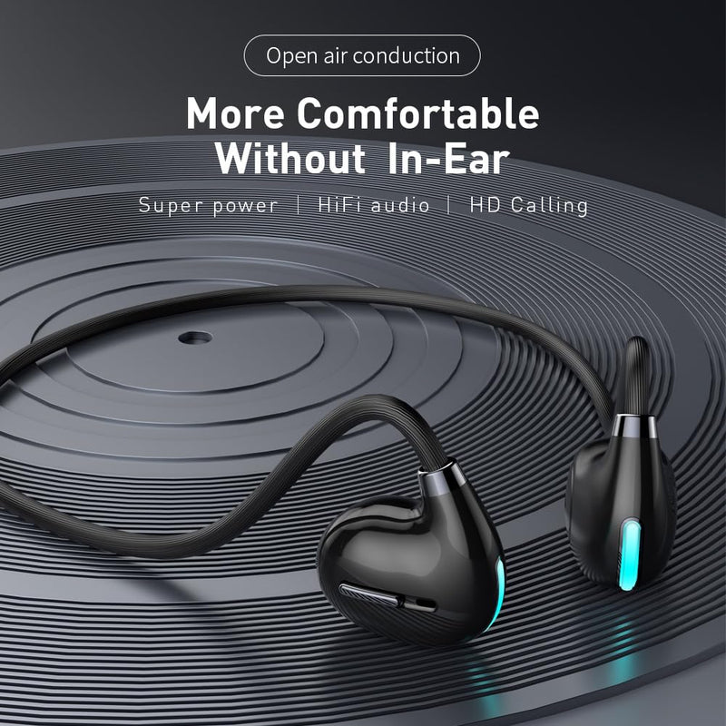 IHAO Open Ear Earbuds Air Conduction Headset Wireless Bluetooth Sport Headphones with Mic Earphone Lightweight Painless Wearing Sweatproof Earpiece Stereo Earphone for Running Hiking Bicycling-Black