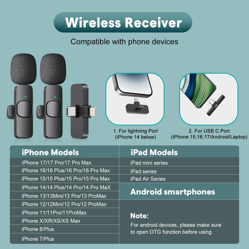 MAYBESTA Wireless Mini Microphone for iPhone, Android Phone - 2 Pack Lavalier Lapel Mic for Audio Video Recording - Clip on Content Creator Microphones for YouTube Tiktok Podcast Vlogging USB-C & Lightning(All iPhones + Androids)