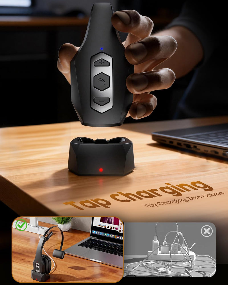 [AUSTRALIA] - Trucker Bluetooth Headset with Charging Base, Wireless Hands-Free Headset with Noise Canceling Mic & Mute Button, 56Hrs Working Time PC Headsets for Cell Phones, Computer, Truck Driver BLACK 