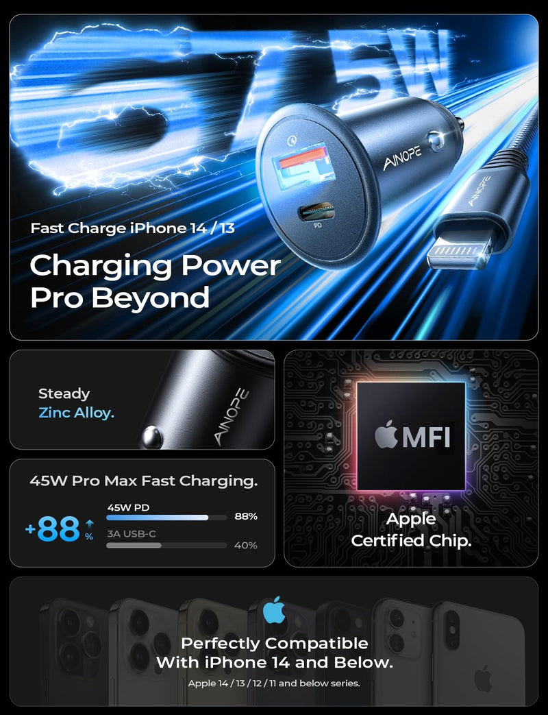 AINOPE for【Apple MFi Certified】 67.5W iPhone Car Charger Fast Charging Cigarette Lighter USB Charger, Mini USB C Car Charger Adapter for iPhone 14/14 Pro Max/14 Plus/13/12 Black