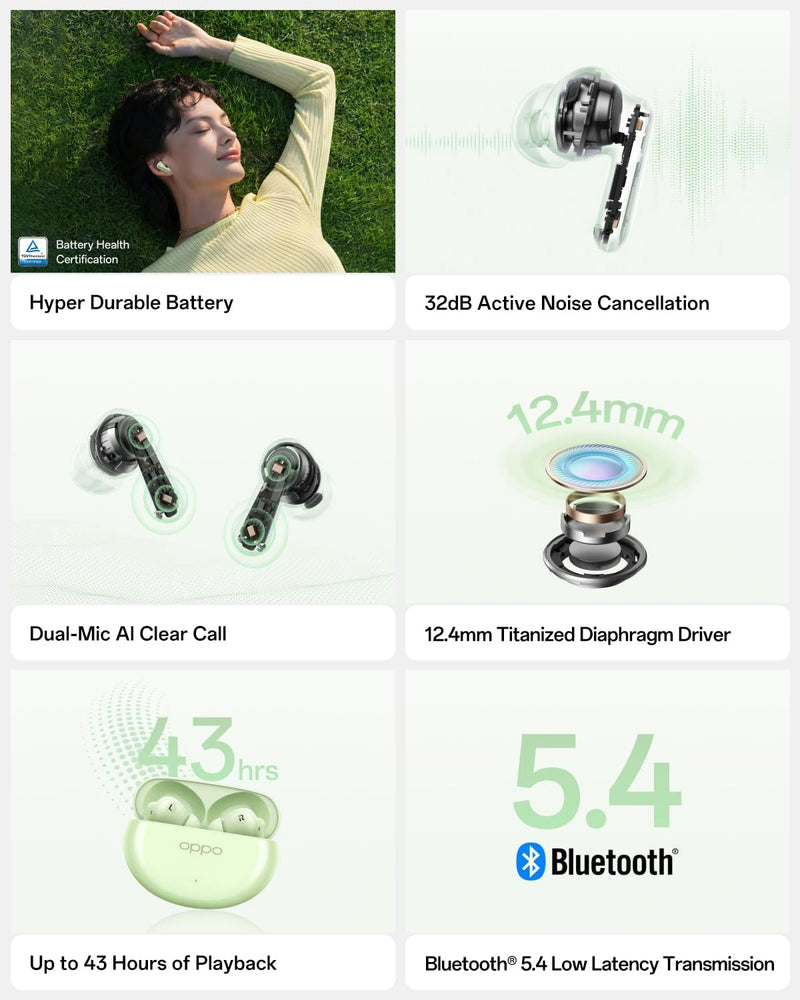 OPPO Enco Air4 True Wireless Earbuds, Bluetooth 5.4 in-Ear Headphones Stereo, 43H Playtime, 32dB Active Noise Cancelling, Dual-Mic AI Clear Call, Transparency Mode, Deep Bass, IP55, Fresh Mint