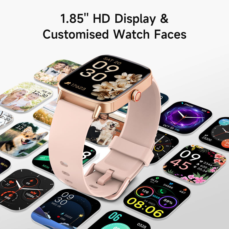 Smart Watch for Women, 1.85" HD Smartwatch Compatible iPhone/Samsung/Android (Answer/Make Calls), 100+ Sport Modes Fitness Tracker with Heart Rate/Sleep/SpO2 Monitor, IP68 Waterproof, with 2 Bands Rose Gold/ 2 Band