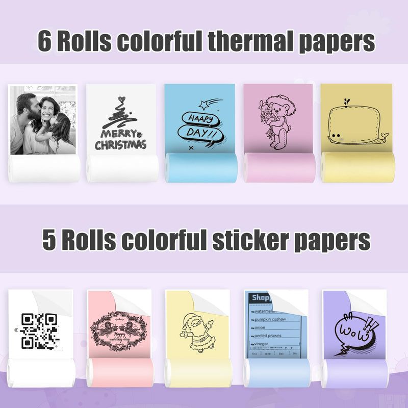 Mini Sticker Printer,Mini Pocket Thermal Printer with 11 Rolls Paper,Bluetooth Inkless Printer Compatible with Android & iOS,Portable Receipt Printer for Photo,Journal,Memo,Travel,Purple Purple