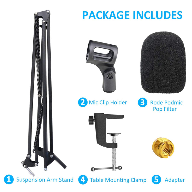 20+18.5in Rode Podmic Stand with Pop Filter, Professional Boom Arm and Windscreen for Rode PodMic Cardioid Dynamic Podcasting Microphone by YOUSHARES 20+18.5in