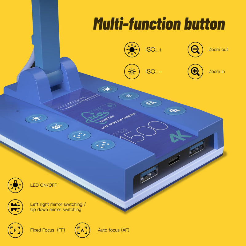 Mirabox 4K Ultra HD 3-in-1 15MP USB Document Camera/Webcam/Visualizer,Compatible with Mac OS,Windows,Chromebook for Live Demo,Web Conferencing,Distance Learning,Remote Teaching,Object Viewing HSV223-1500