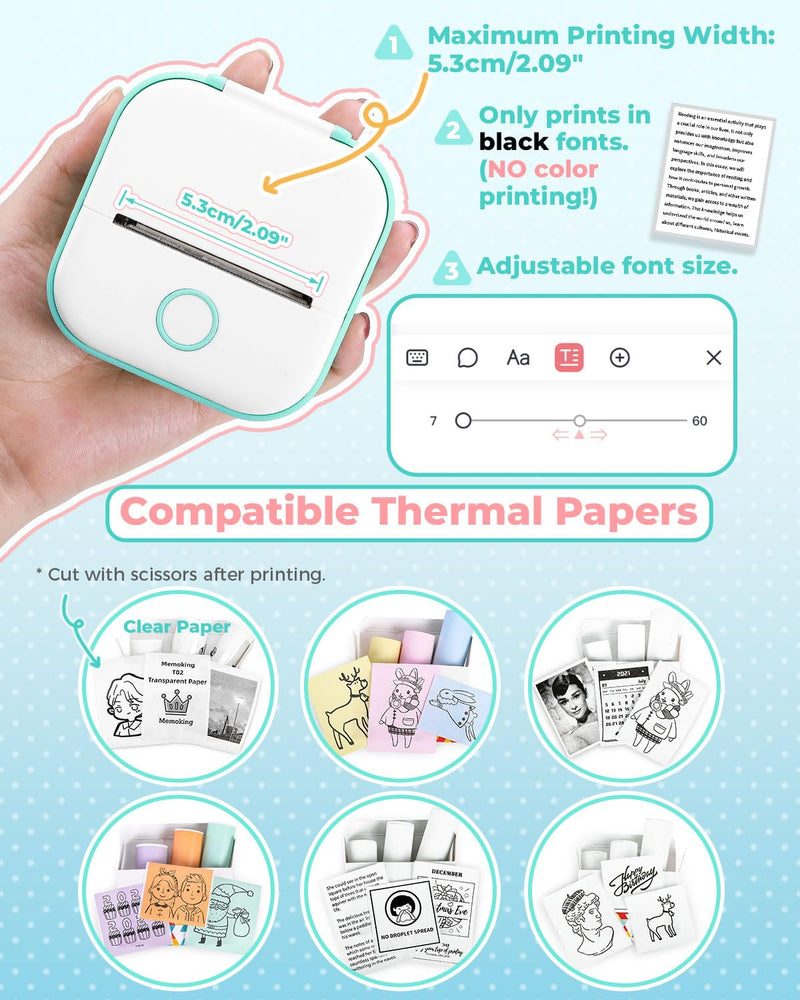 Mini Printer - T02 Label Maker with 3 Rolls Paper, Sticker Printer Machine, Inkless Portable Study Printer for Anatomical Diagram, Pictures, Journals, Receipts, Compatible with Phone & Tablet, Green 1 Printer + 3 Rolls Paper