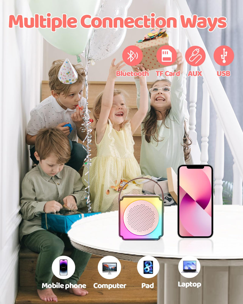 Mini Karaoke Machine for Kids Adults, LumoShine Portable Bluetooth Speaker with 2 Wireless Microphone and Lights, Gifts for Boys Girls Pink