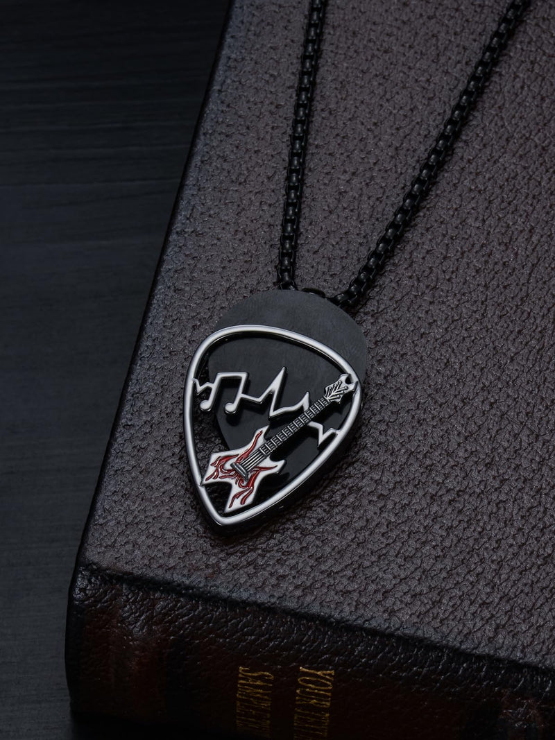 Dorunmo Guitar Pick Holder Necklace Sterling Silver Personalized Soundwave Guitar Pick Pendant Holder Christmas Musicians Gift for Guitar Lovers Music Lovers Guitar-Black Red