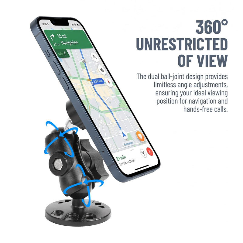 1" Ball Magnetic Phone Mount for Boat/Truck/Car, Aluminum Alloy Short Arm & Base, Double Ball Joint, Screw-Mounted AMPS Round Base Phone Holder for Magsafe iPhone 17 16 15 14 13 12 Series Total length 5"