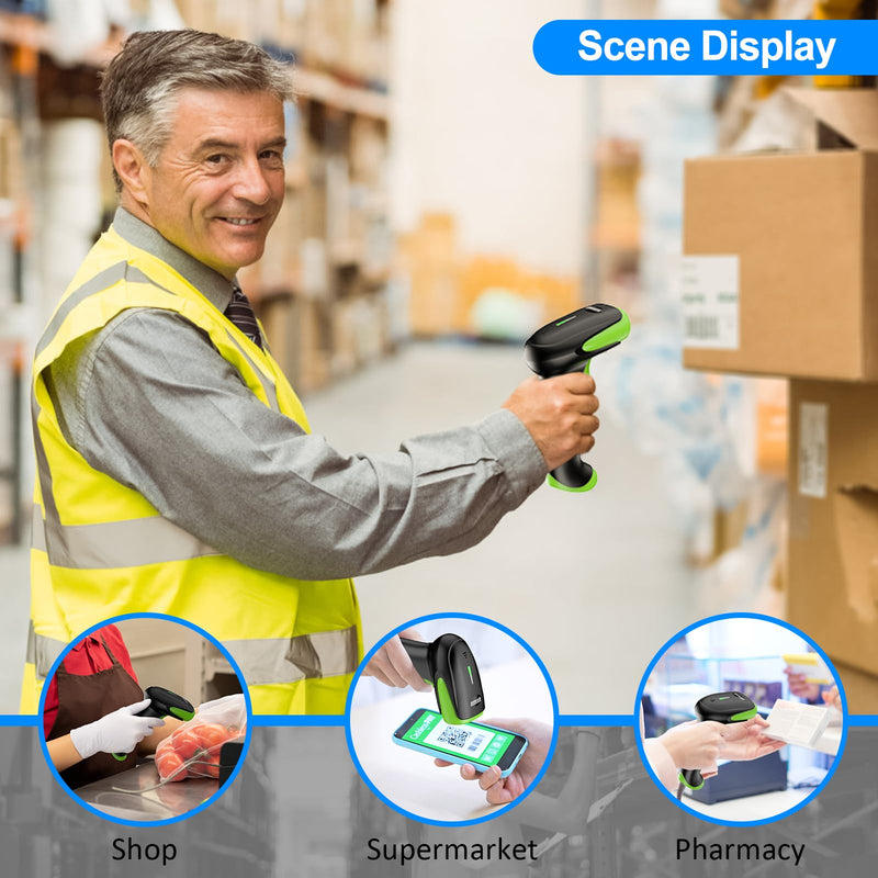 [AUSTRALIA] - Symcode Wireless Bluetooth Barcode Scanner,Bluetooth & USB Wired & 2.4G Wireless Connection Ergonomics Handheld Barcode Scanner Reader, 2D 1D QR Code Automatic Fast Precise scanning Scanner Green 
