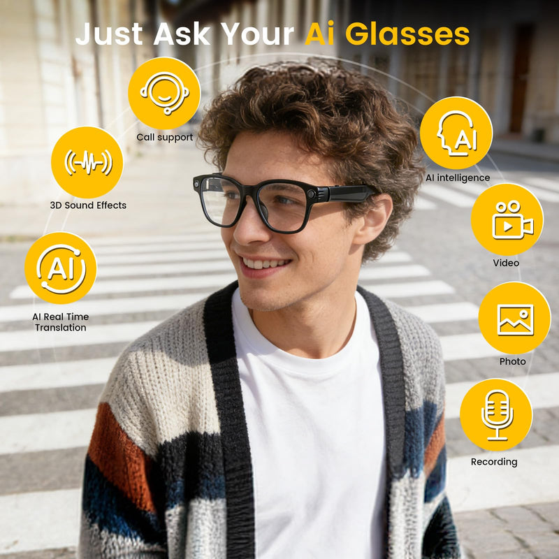 AI Smart Glasses with Camera, 8MP HD Camera Glasses for Men,Women, AI Recording Glasses with Voice Assistant, Stabilization Video Recording Glasse, Real-time Translation, for Vlogging & Photography