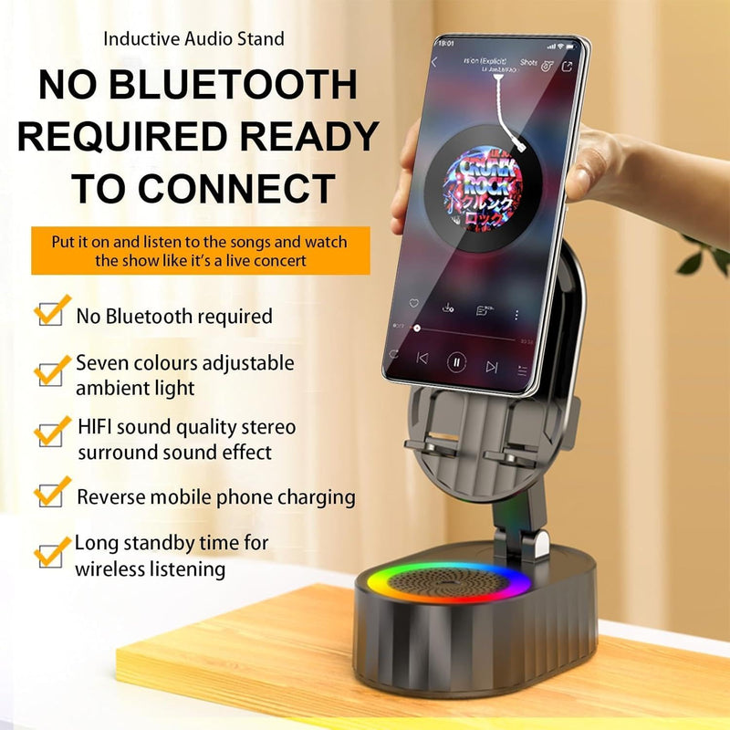[AUSTRALIA] - Wireless Induction Audio Bluetooth Speaker 5in1 Phone Holder Emergency Rechargeable (3000mAh) with Colorful Ambient Light 300° Foldable for Tablet iPhone Android, Gifts for Men Women (Black) Black 