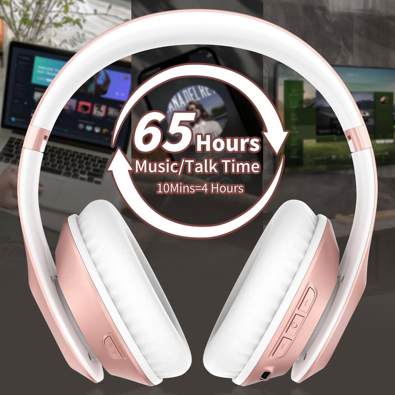 [AUSTRALIA] - Wireless Headphones Over Ear 65H Playtime HiFi Stereo Headset with Microphone and 6EQ Modes Foldable Bluetooth V5.3 Headphones for Travel Smartphone Computer Laptop Rose Gold WH207A 