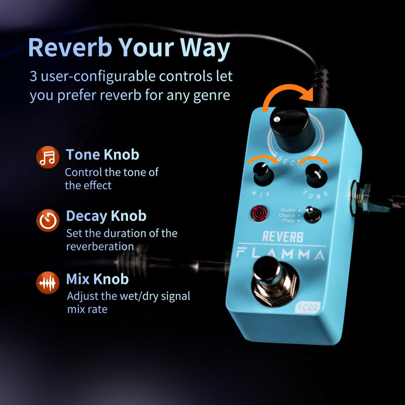 FLAMMA FC02 Mini Reverb Pedal Digital Guitar Pedal with 3 Reverb Effects Church Plate Studio True Bypass FC02 Reverb