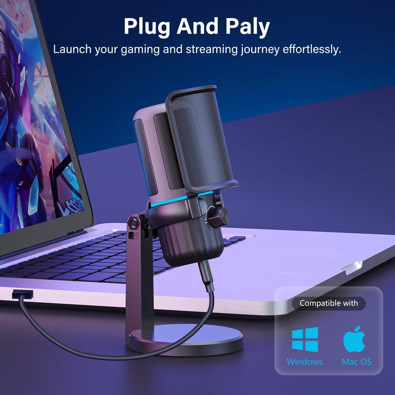 USB Condenser Gaming Microphone, PC Microphone for Streaming, Podcasts, Recording, Desktop Computer Mic with Mute Button & LED Indicator, Volume Control, Headphone Jack