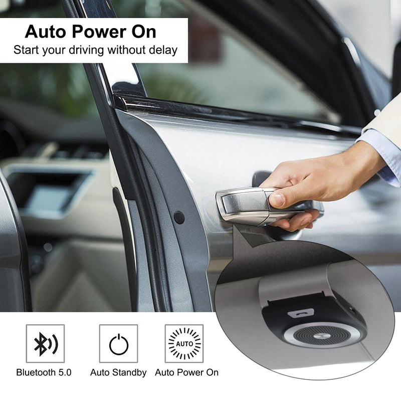 Bluetooth Hands Free Cell Phone Car Kit, Motion Auto On, Wireless in-Car Speakerphone for Handsfree Talking, Voice Guidance, Support Siri Google Assistant Car Handsfree Speaker with Visor Clip