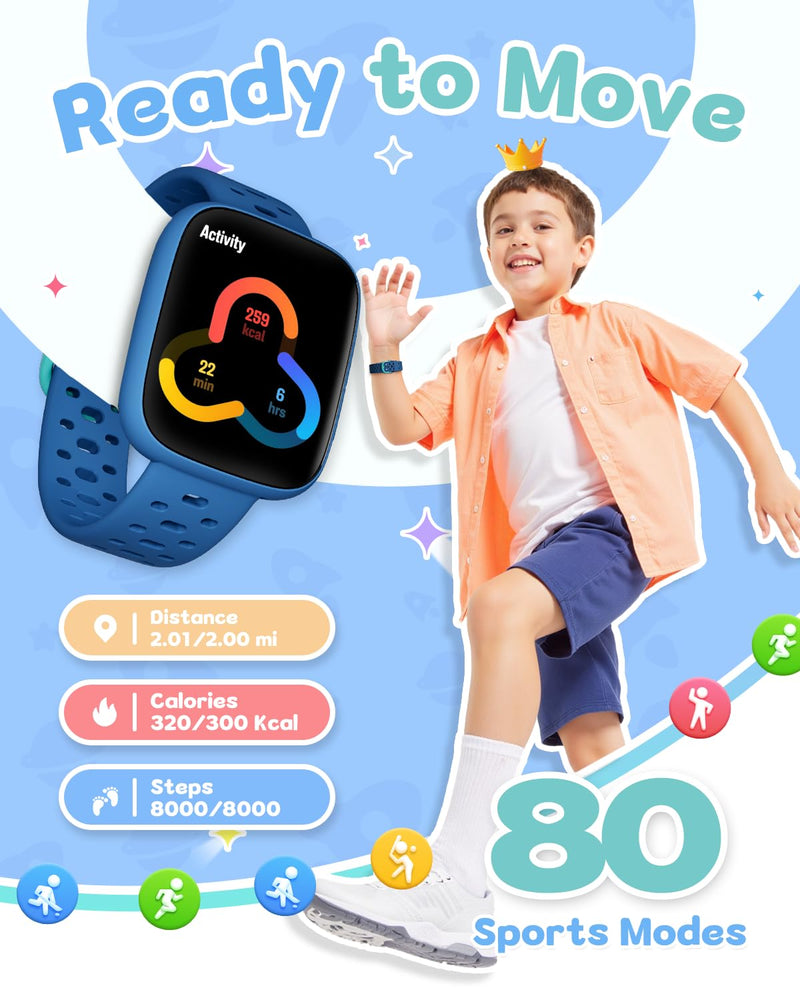 Smart Watch for Kids No Phone No APP Needed, 1.83" AMOLED Screen Fitness Tracker Watch with Pedometer, Kids Smart Watch with Heart Rate/Sleep Monitor, IP68 Waterproof for Boys Girls 5-12 Blue