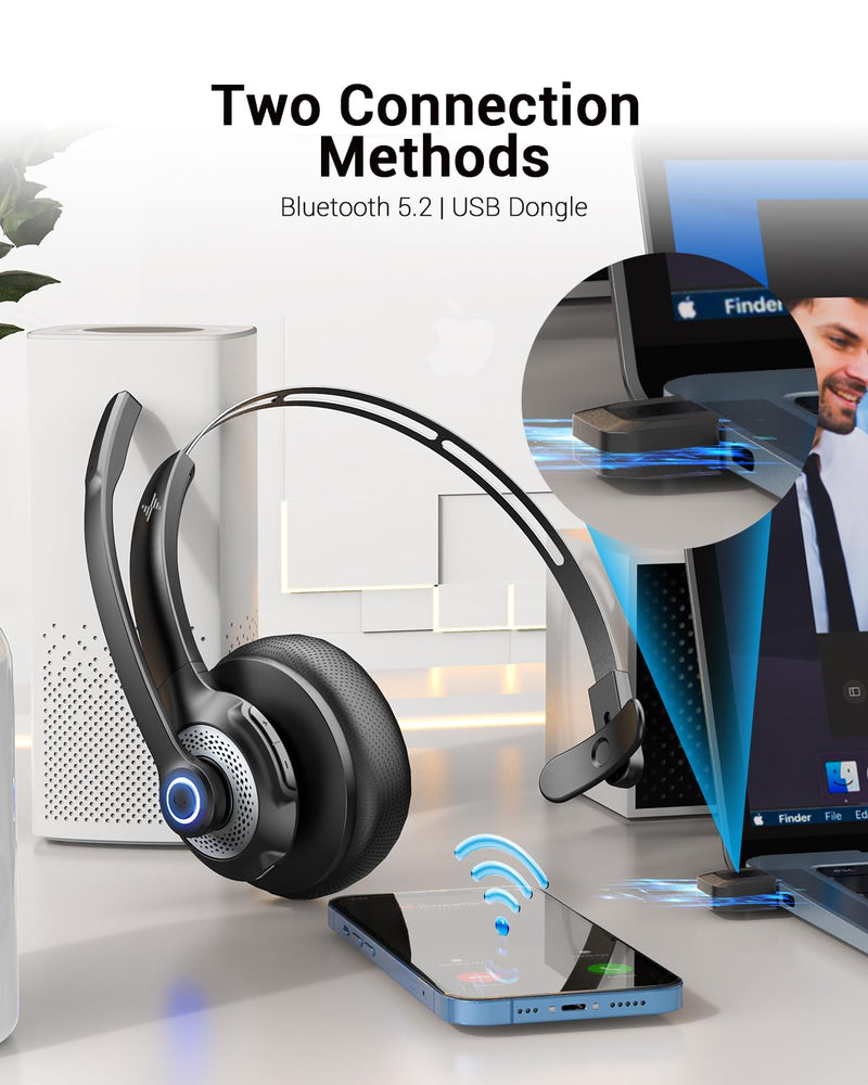 [AUSTRALIA] - JIAMQISHI Wireless Headset with Microphone - Bluetooth V5.2 Headphones with USB Dongle & Mic Mute for PC/Computer/Laptop/Call Center/Zoom/Online Class/Trucker - Bluetooth Headset, Black, EH06U No Charging base 