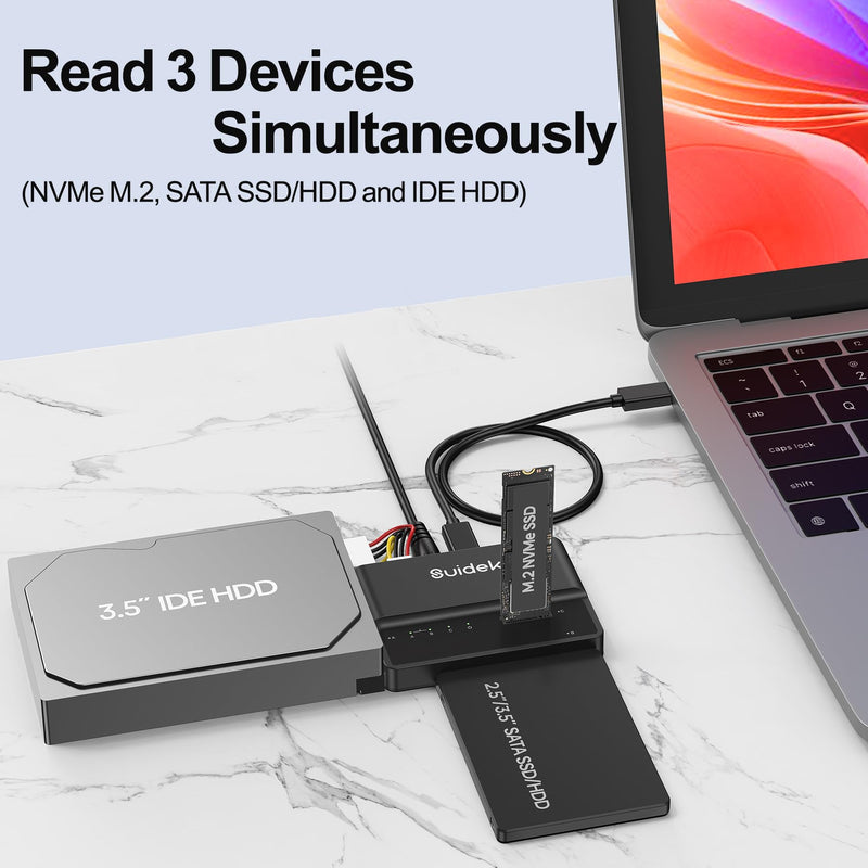 SUIDEK M.2 NVMe to SATA/IDE Adapter, USB 10Gbps Hard Drive Reader Tool Free | PCIe NVMe, SATA and IDE Adapter, M2 SSD Enclosure for M.2 (M Key&M+B Key) Any Sizes, 2.5/3.5" SATA SSD/HDD and 3.5" IDE HDD Black-M.2+SATA+IDE