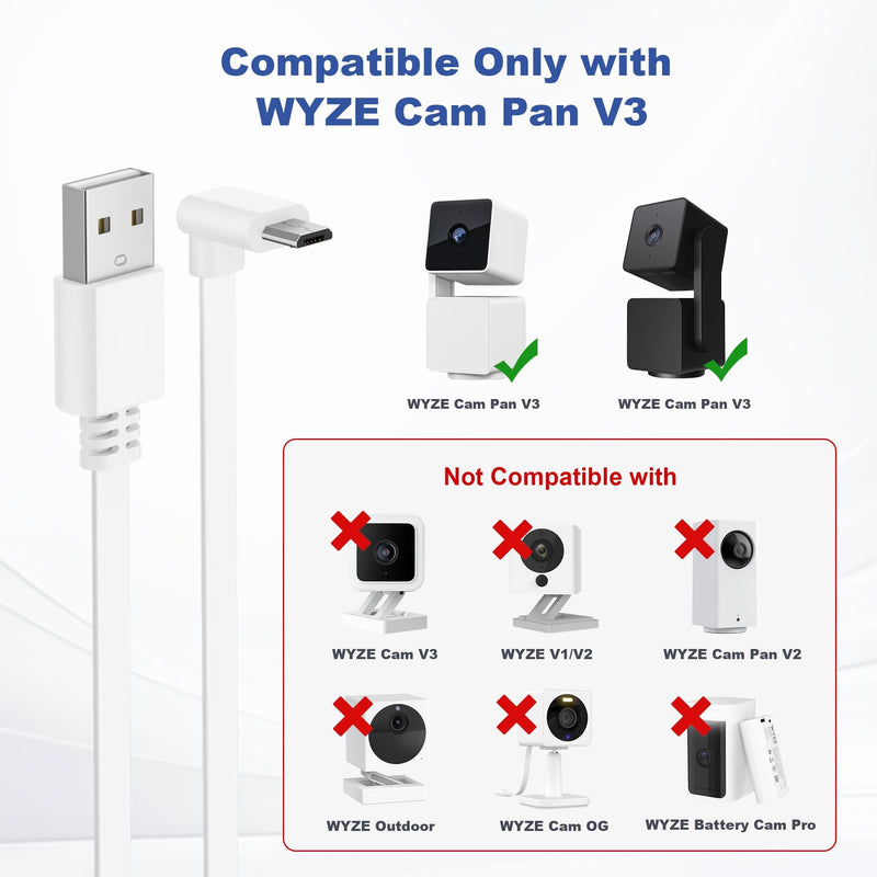Itramax WYZE Cam Pan V3 Charger Cable 15FT 2Pack,Micro USB Extension Cord 90 Degree Power Adapter L-Shaped Long Flat Charging for WYZE Pan V3 Outdoor Camera No Support Data Transfer,White 20 25 30 FT 15FT/4.5M White