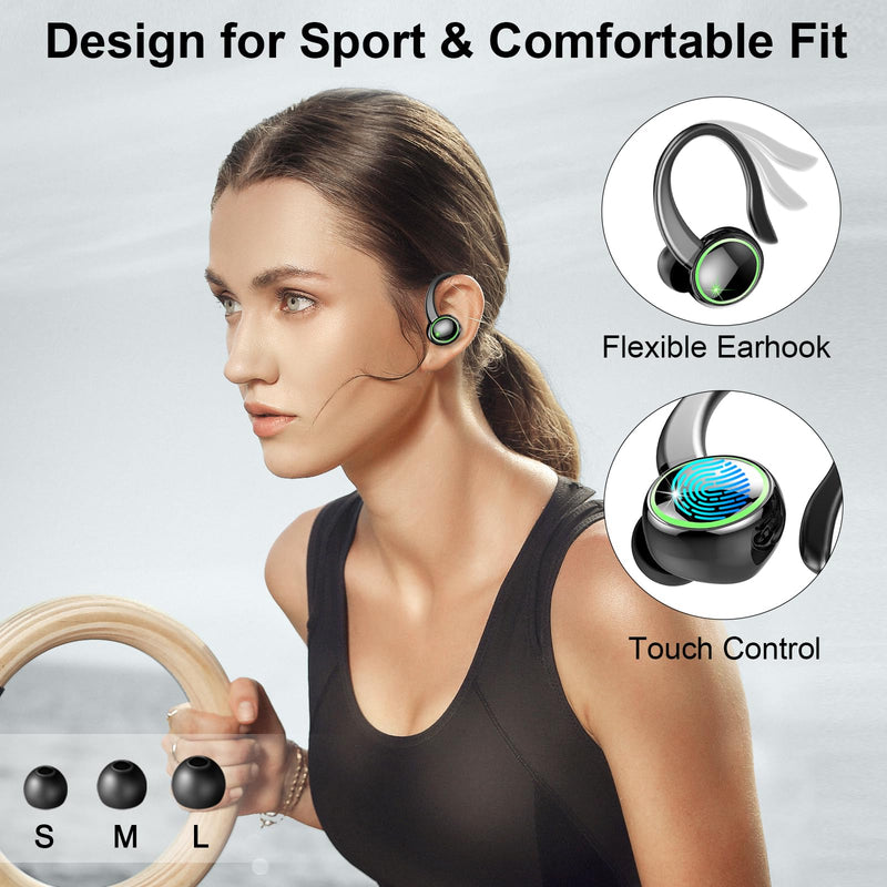 Wireless Earbuds Sports, Bluetooth 5.4 Headphones Hifi Stereo, IP7 Waterproof, Over Ear Buds with 50H Playback, Earhooks Design, ENC Noise Cancelling Mic, Fitness Headset for Gym Running Workout Dark Black