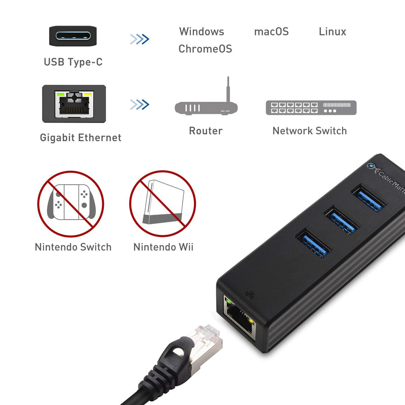 Cable Matters 4-in-1 USB C Hub with Gigabit Ethernet, Black | 10/100/1000Mbps Network, USB C Ethernet Hub, Thunderbolt LAN Adapter