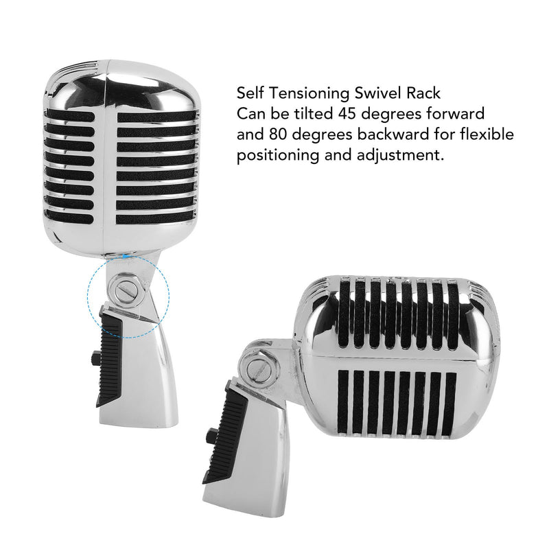 Retro Vintage Microphone, Zinc Alloy Self Tensioning Rotating Rack Dynamic Vocal Microphone with Sound, for KTV, Stage Performances (Silver)