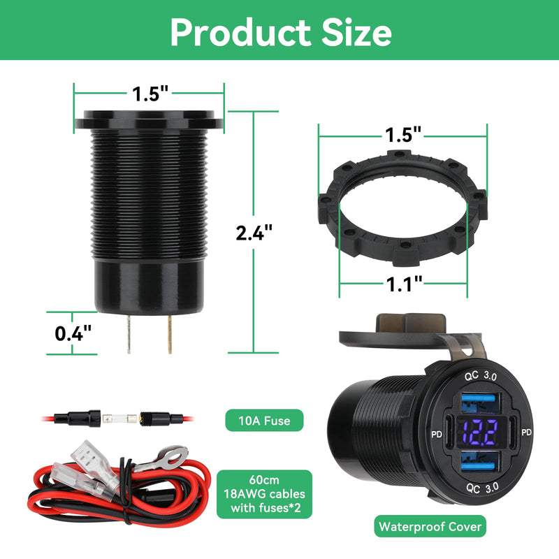 2 Pack 12V USB Outlet 4-Port, 78W Dual PD30W & QC3.0 Fast Charger | Waterproof Aluminum Alloy 12v power outlet with Blue Voltmeter for Cars RVs Boats Golf Carts Trucks Motorcycles 2 pack