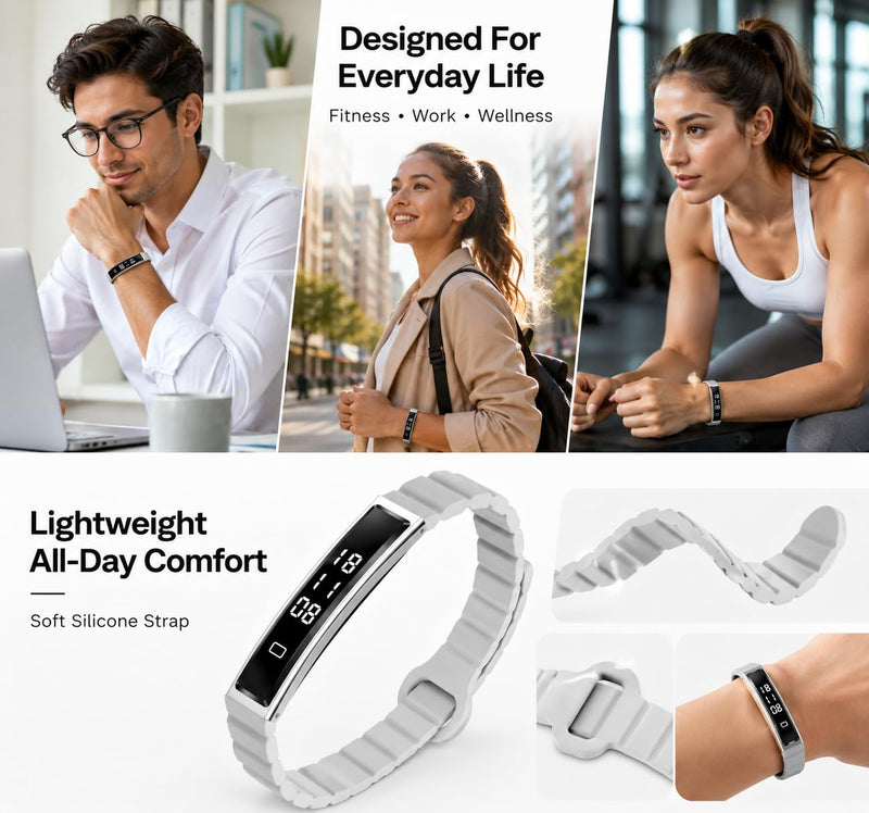 Smart Health Bracelet for Women & Men, Heart Rate Monitor, Blood Oxygen & Sleep Tracking, Step Counter, iOS & Android Compatible and No Subscription Fee Grey with Magnet Strap