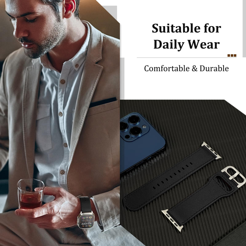 Compatible with Apple Watch Bands 42mm (Series 10) 41mm 40mm 38mm for Men Women, Top Grain Genuine Leather Band Strap Wristband for iWatch, Black/Black+Black/Titanium