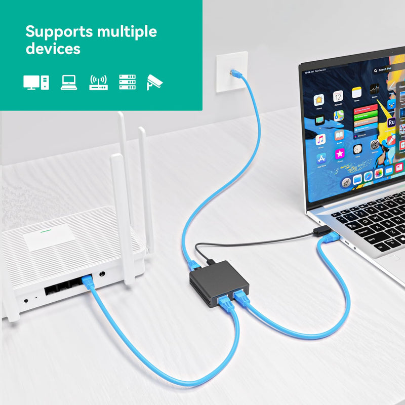 2 Port Gigabit Ethernet Switch, 1000Mbps Network Switch Adapter, Easy LAN Expansion for PC Router, Plug & Play, Stable Wired Connection, RJ45 Cat5/6 Compatible | [DUAL ACTIVE PORTS] Expand 1 RJ45 port into 2 Gigabit Ethernet connections for simultaneou...
