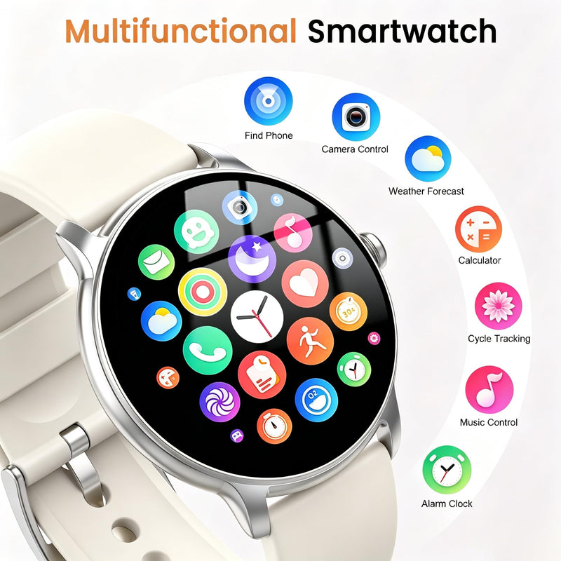 Smart Watch for Women, 1.32'' AMOLED Clear Screen, 2026 New Lightweight Women Smart Watch, Answer/Make Calls, Fitness Tracker with Heart Rate/Sleep/Step Counter, IP68 Waterproof, Gift for her, White off-white