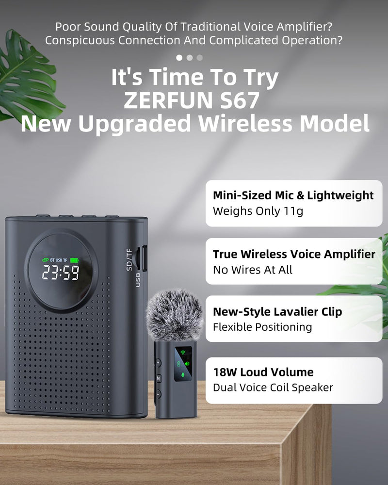 [AUSTRALIA] - Rechargeable Voice Amplifier Wireless Microphone for Teachers Classroom, Mini Lavalier Lapel Mic Clip Magnetic, Portable Bluetooth Speaker with LED Display for Class, Tour Guide, Coaches, Black Amplifier + 1 MIC 