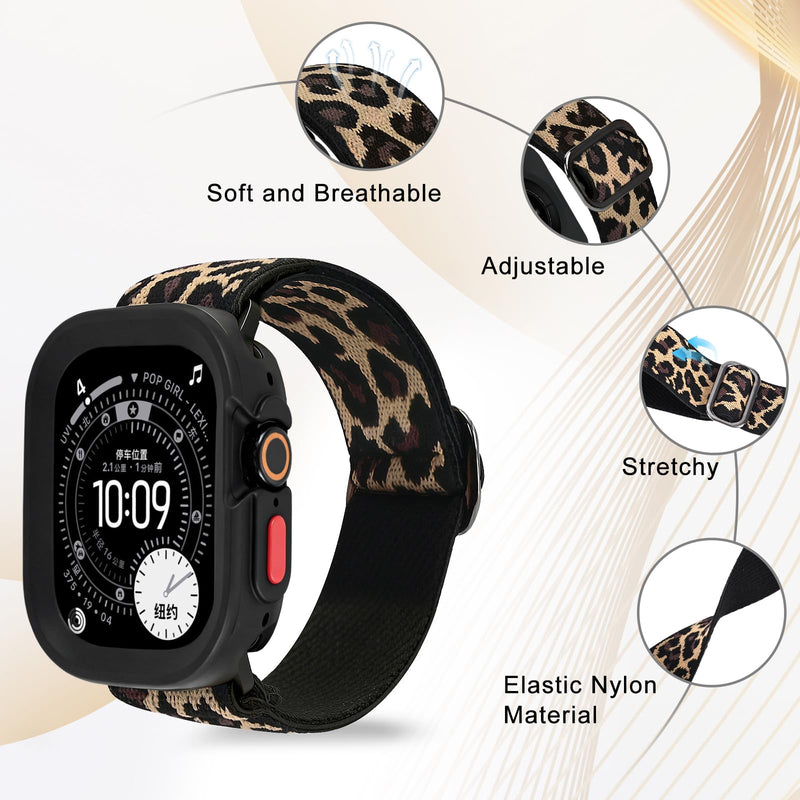 2-in-1 Stretchy Leopard Band Bumper Case for Apple Watch Series 9 SE Ultra | Elastic Cheetah Print Nylon Watch Strap Soft Protective Cover for Women Compatible with iWatch 40/41/44/45/49mm Sport Brown + Black 49mm for iWatch Ultra 3/2/1