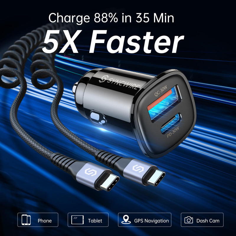 Syncwire USB C Car Charger 60W [PD 30W & QC 30W] Fast Charging USB Adapter with 5FT Type C Cable Compatible with Samsung S23/S22 Google Pixel 7/7Pro iPhone 14 Pro Max and More Black