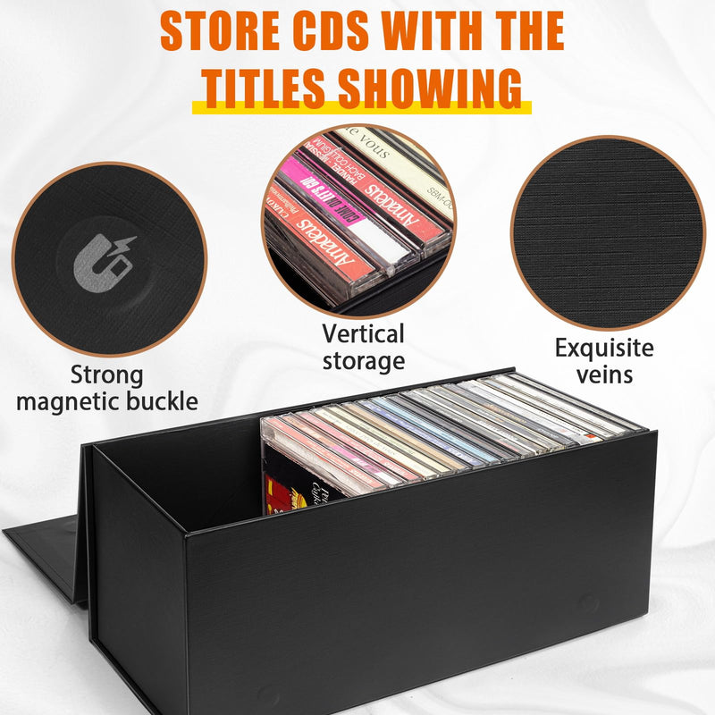 CD Storage Box, DVD Storage Box- Durable 5.2 x 5.75 x 12 Inch Disc Holders with Lids, Store up to 30 CDs- Black 1 PACK