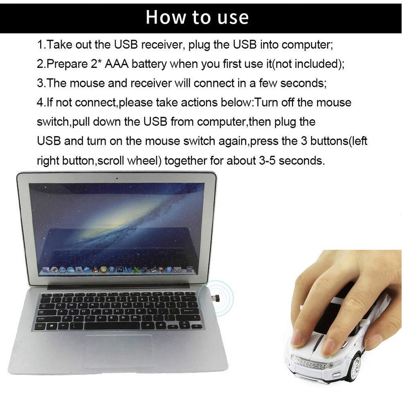 CHUYI Cool SUV Car Shaped Wireless Mouse 1600 DPI Optical Cordless Mice with USB Receiver for Office School Travel for PC Computer Laptop Gift (White-1 Pack) White
