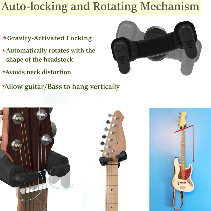 Guitar Wall Mount with Auto-Lock & Auto-Rotate Mechanism | 10KG+ Heavy Duty | Universal Mount for All Headstock/Neck Widths, Classical, Acoustic, Electric Guitars, Bass, etc(Wood Red) Wood Red