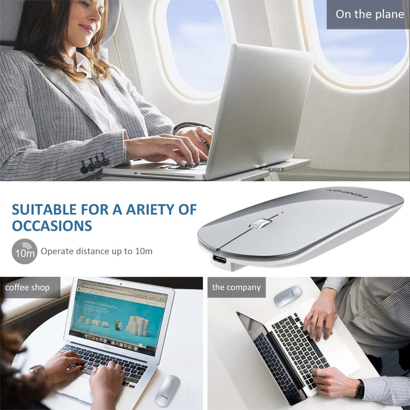 Bluetooth Mouse, FENIFOX Slim Mini Portable Flat Travel Wireless Mouse Rechargeable Quiet Ultra-Thin Mice Compatible with Laptop,Tablet,Notebook,PC (Silver and White) Silver