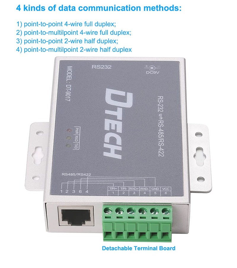 DTECH Bi-Directional Active RS232 to RS485 RS422 Serial Converter with Surge Protection 600W 15KV ESD DB9 to RJ45 Phoenix Contacts Adapter Power Supply TX RX LEDs for Long Haul Data Communication