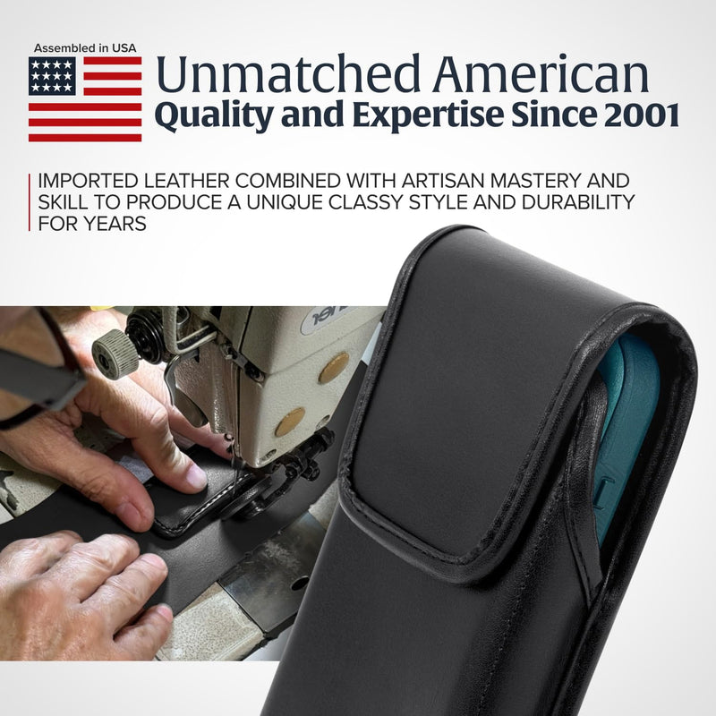 Turtleback Belt Clip for iPhone 16 Pro, 16e, 15 pro 14 Pro 13 Pro -Medium- Fits w/Shockproof Commuter Style Cases, Premium Black Leather, Vertical Belt Holder, Magnetic Closure HD Rotating Clip Medium Vertical - Leather w/ Metal Clip