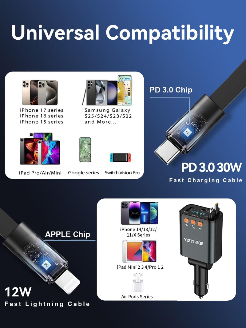 [AUSTRALIA] - Bluetooth Car Adapter with Retractable Charger, FM Transmitter Bluetooth 5.4 for Cars, 4 in 1 Fast Car Phone Charger 69W, Handsfree Call, 2*Retractable Cable for iPhone 17/16/15/14, Galaxy-Black Black 