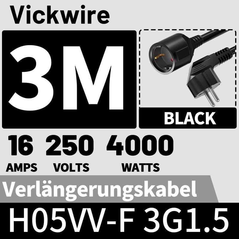 Vickwire H05VV-F 3G1.5 mm² Extension Cable 3 m Cable Extensions with Protective Contact Plug Schuko Extension 16 A/250 V Black 3m